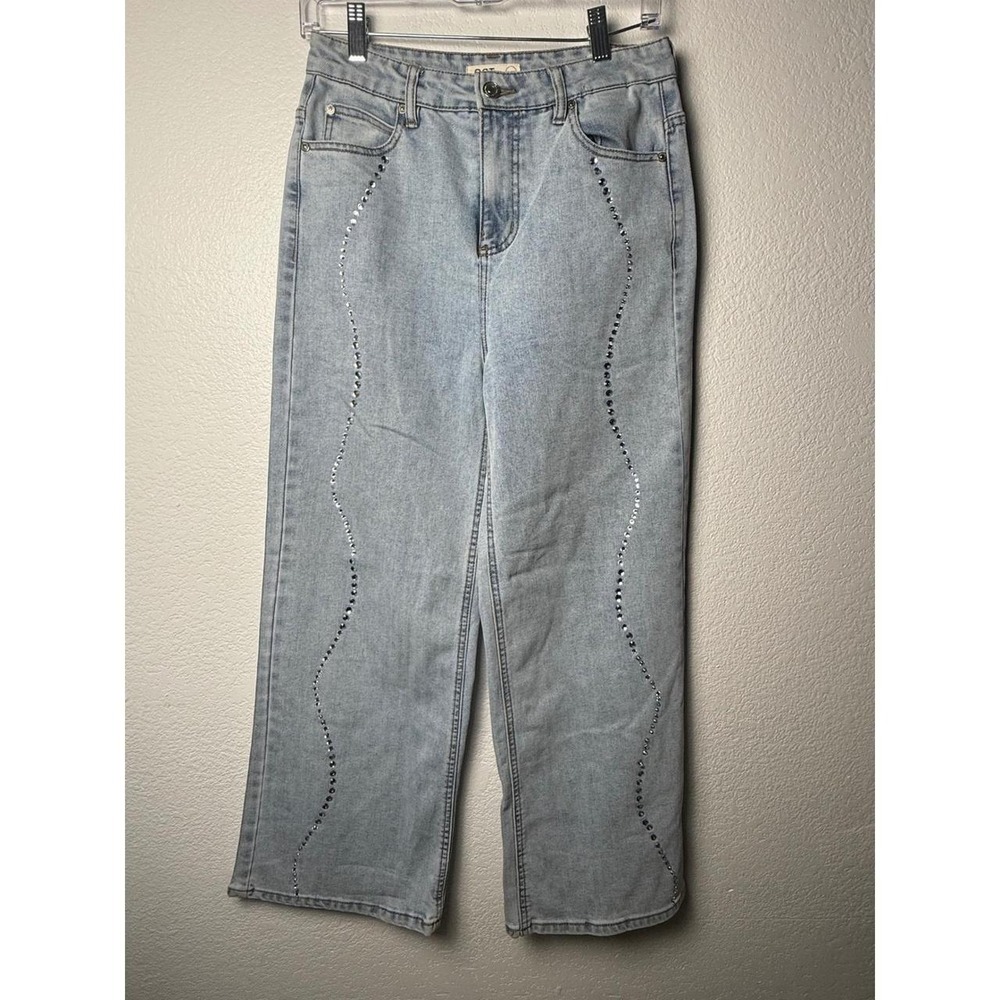 OAT New York Rhinestone Wide Leg Jeans Women's 4/27 Light Wash Y2K Bling